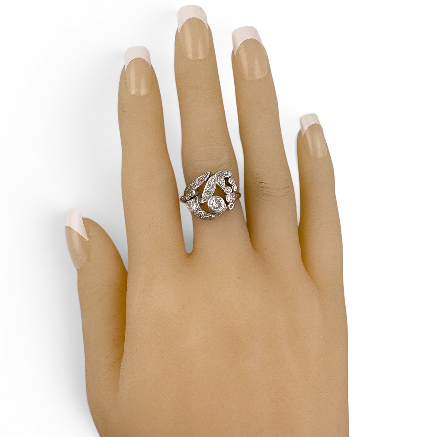 Antique Platinum 900 Old Mine Diamond Floral Ring 1.00ctw H SI1 Size 5.5