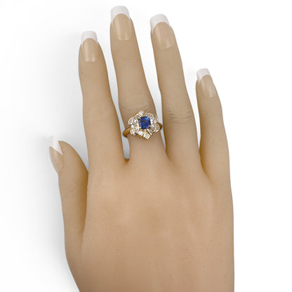 18k Yellow Gold Cushion Blue Stone & Baguette Diamond 0.46ctw G SI1 Ring Size 8