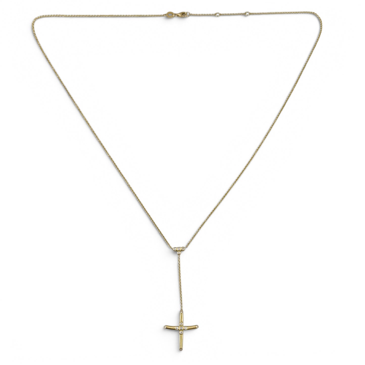 18k Yellow Gold Diamond Brushed Cross Lariat Y Drop Necklace 5.1g 0.16ctw 22"