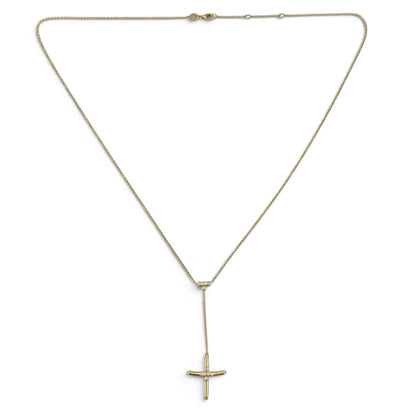 18k Yellow Gold Diamond Brushed Cross Lariat Y Drop Necklace 5.1g 0.16ctw 22"