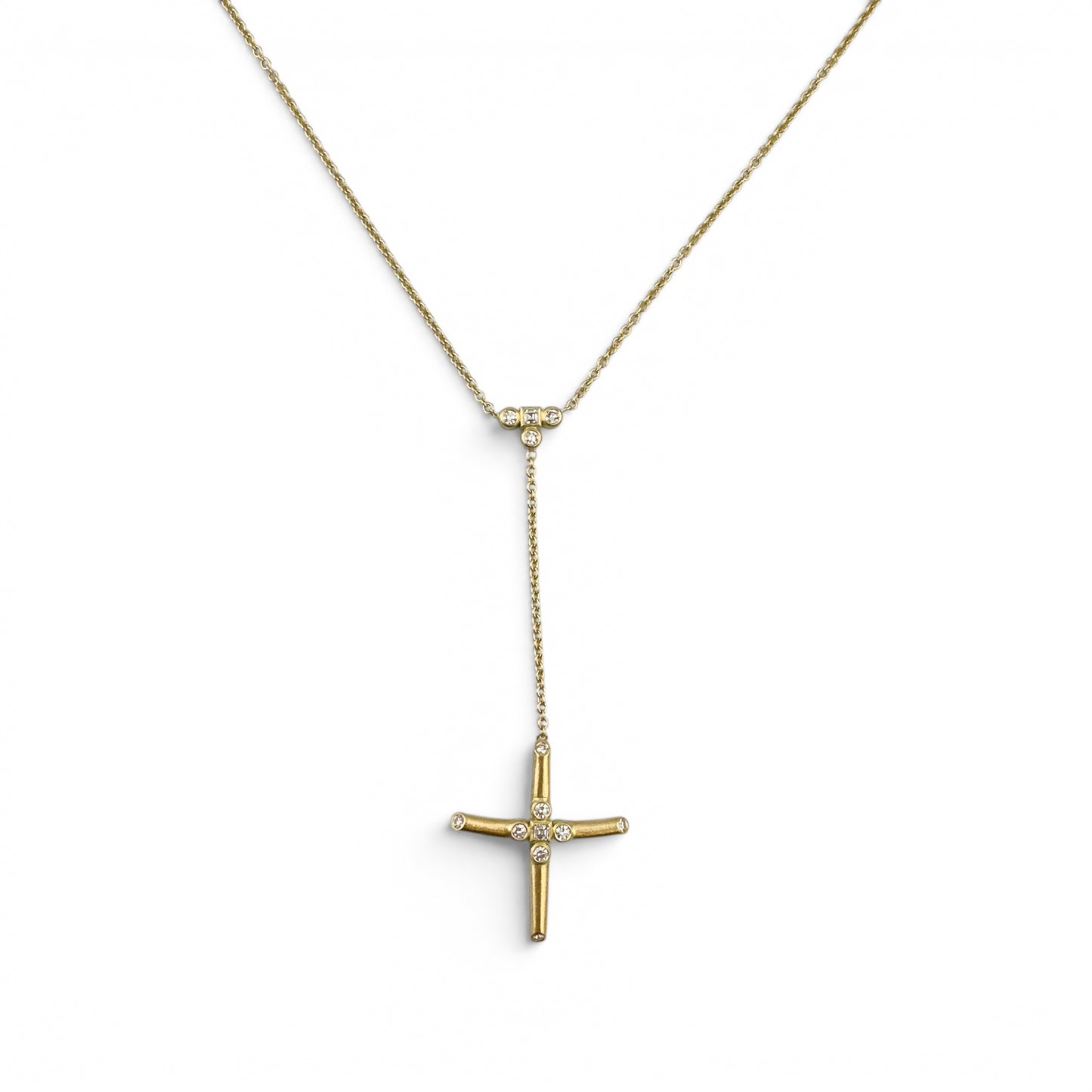 18k Yellow Gold Diamond Brushed Cross Lariat Y Drop Necklace 5.1g 0.16ctw 22"