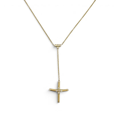 18k Yellow Gold Diamond Brushed Cross Lariat Y Drop Necklace 5.1g 0.16ctw 22"