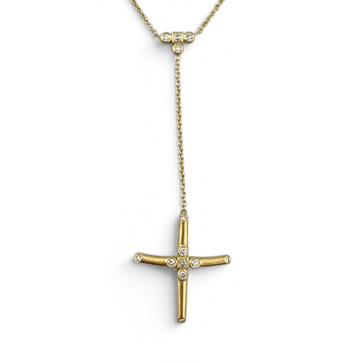 18k Yellow Gold Diamond Brushed Cross Lariat Y Drop Necklace 5.1g 0.16ctw 22"