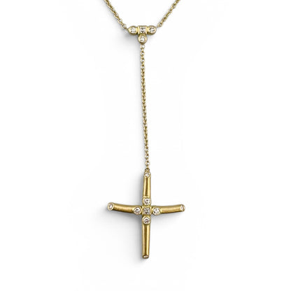 18k Yellow Gold Diamond Brushed Cross Lariat Y Drop Necklace 5.1g 0.16ctw 22"