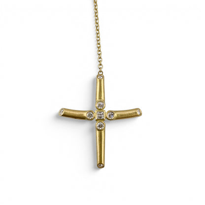 18k Yellow Gold Diamond Brushed Cross Lariat Y Drop Necklace 5.1g 0.16ctw 22"