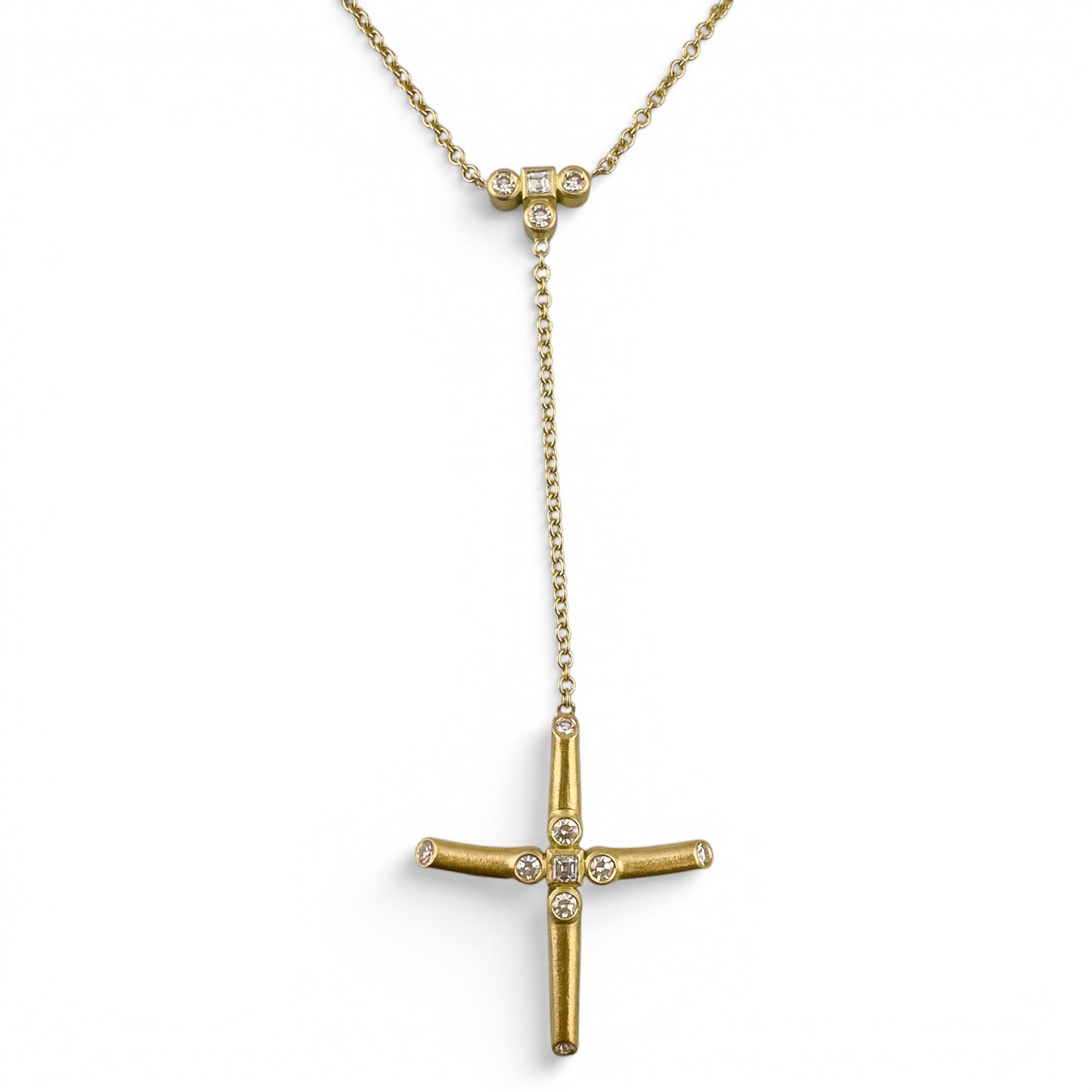 18k Yellow Gold Diamond Brushed Cross Lariat Y Drop Necklace 5.1g 0.16ctw 22"