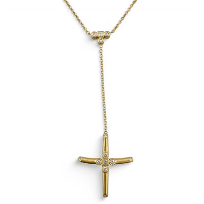18k Yellow Gold Diamond Brushed Cross Lariat Y Drop Necklace 5.1g 0.16ctw 22"