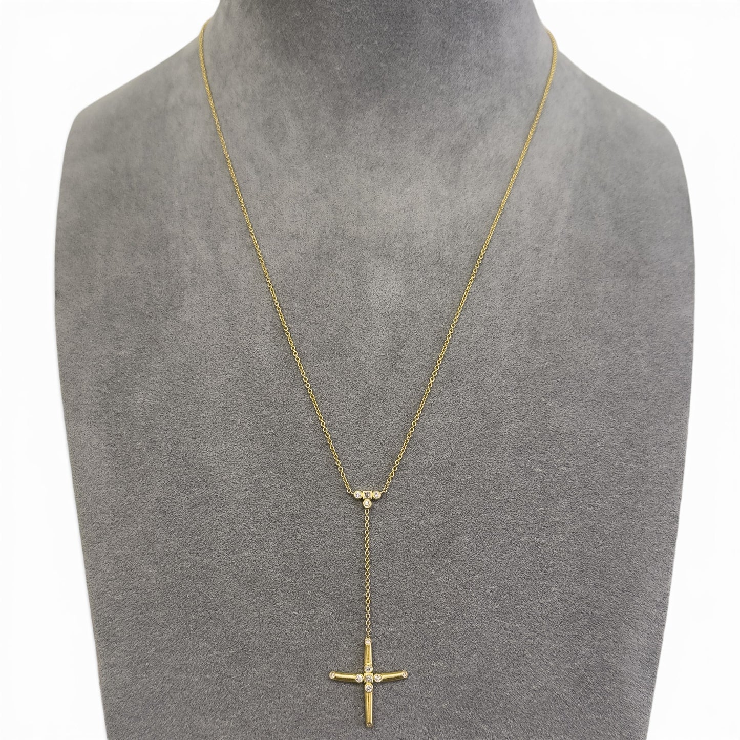 18k Yellow Gold Diamond Brushed Cross Lariat Y Drop Necklace 5.1g 0.16ctw 22"