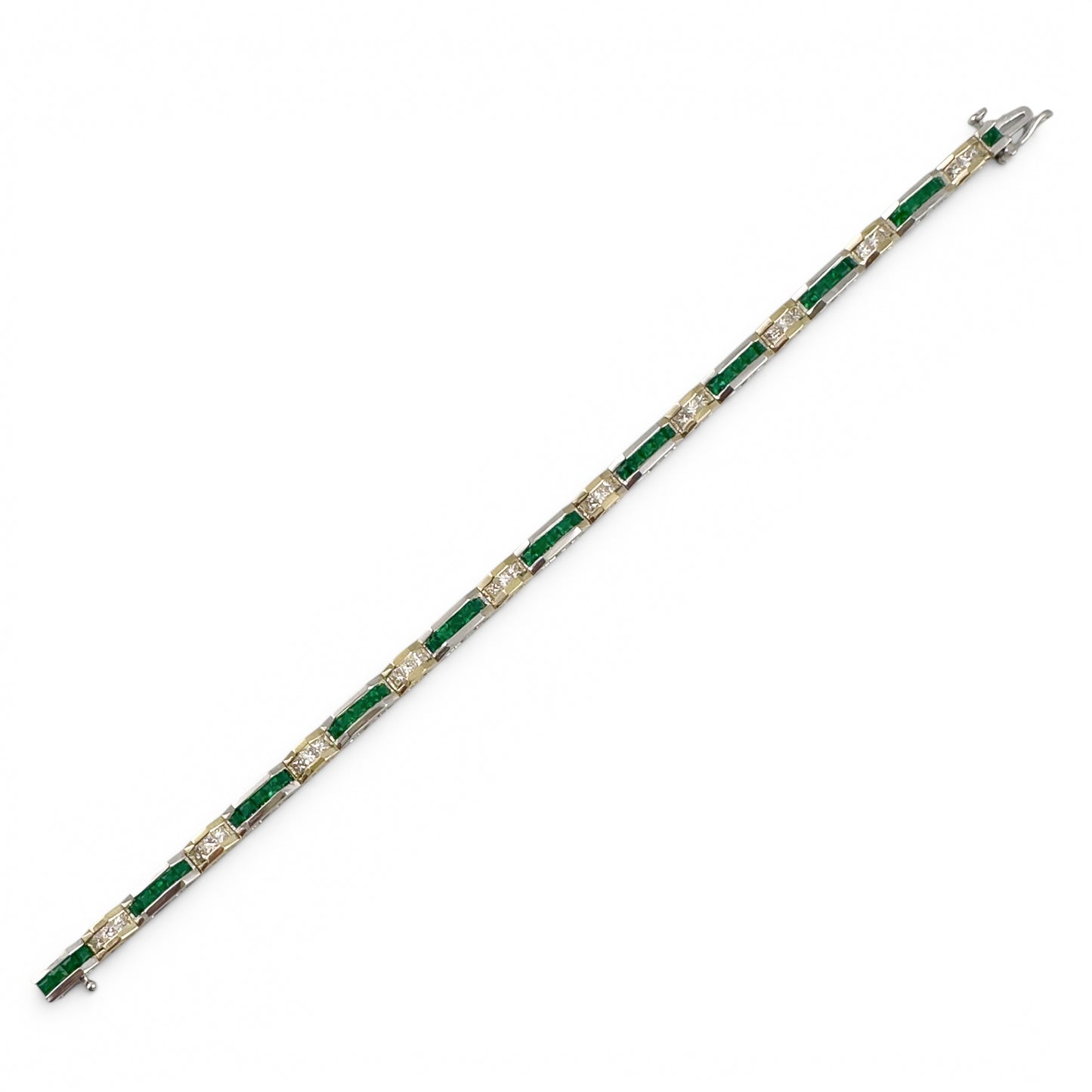 Two Tone 14k Gold Diamond Green Stone Alternating Station Bracelet 1.30ctw G SI
