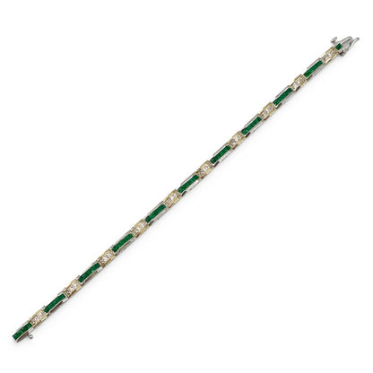 Two Tone 14k Gold Diamond Green Stone Alternating Station Bracelet 1.30ctw G SI