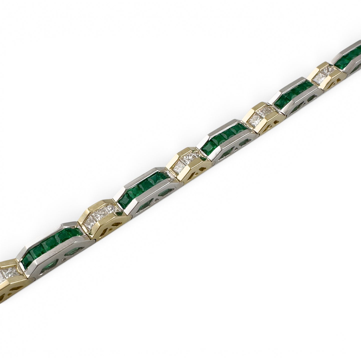 Two Tone 14k Gold Diamond Green Stone Alternating Station Bracelet 1.30ctw G SI
