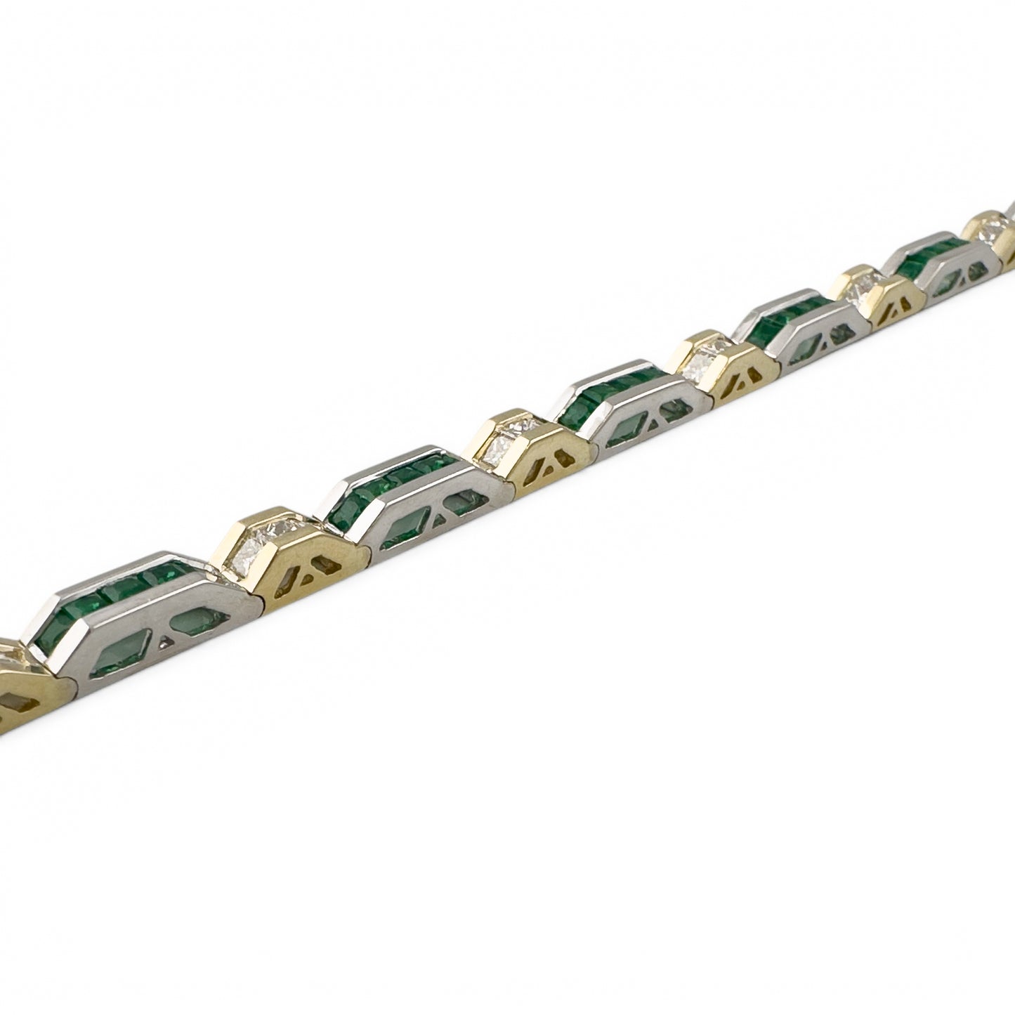 Two Tone 14k Gold Diamond Green Stone Alternating Station Bracelet 1.30ctw G SI