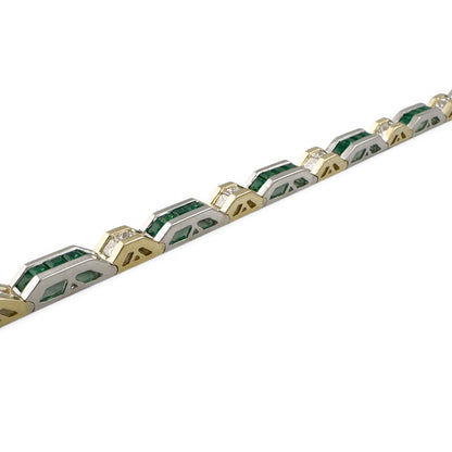 Two Tone 14k Gold Diamond Green Stone Alternating Station Bracelet 1.30ctw G SI