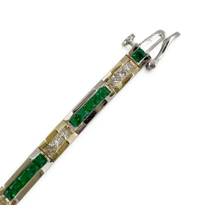 Two Tone 14k Gold Diamond Green Stone Alternating Station Bracelet 1.30ctw G SI