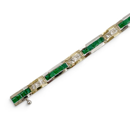 Two Tone 14k Gold Diamond Green Stone Alternating Station Bracelet 1.30ctw G SI