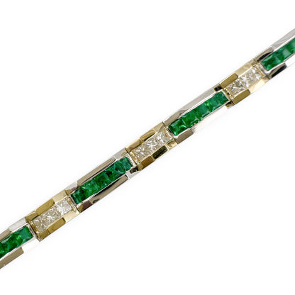 Two Tone 14k Gold Diamond Green Stone Alternating Station Bracelet 1.30ctw G SI