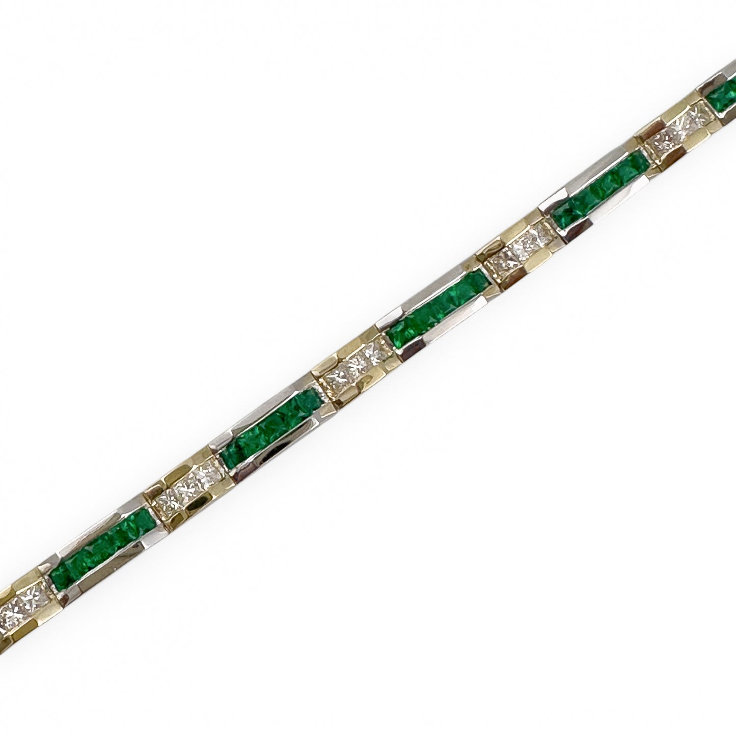 Two Tone 14k Gold Diamond Green Stone Alternating Station Bracelet 1.30ctw G SI