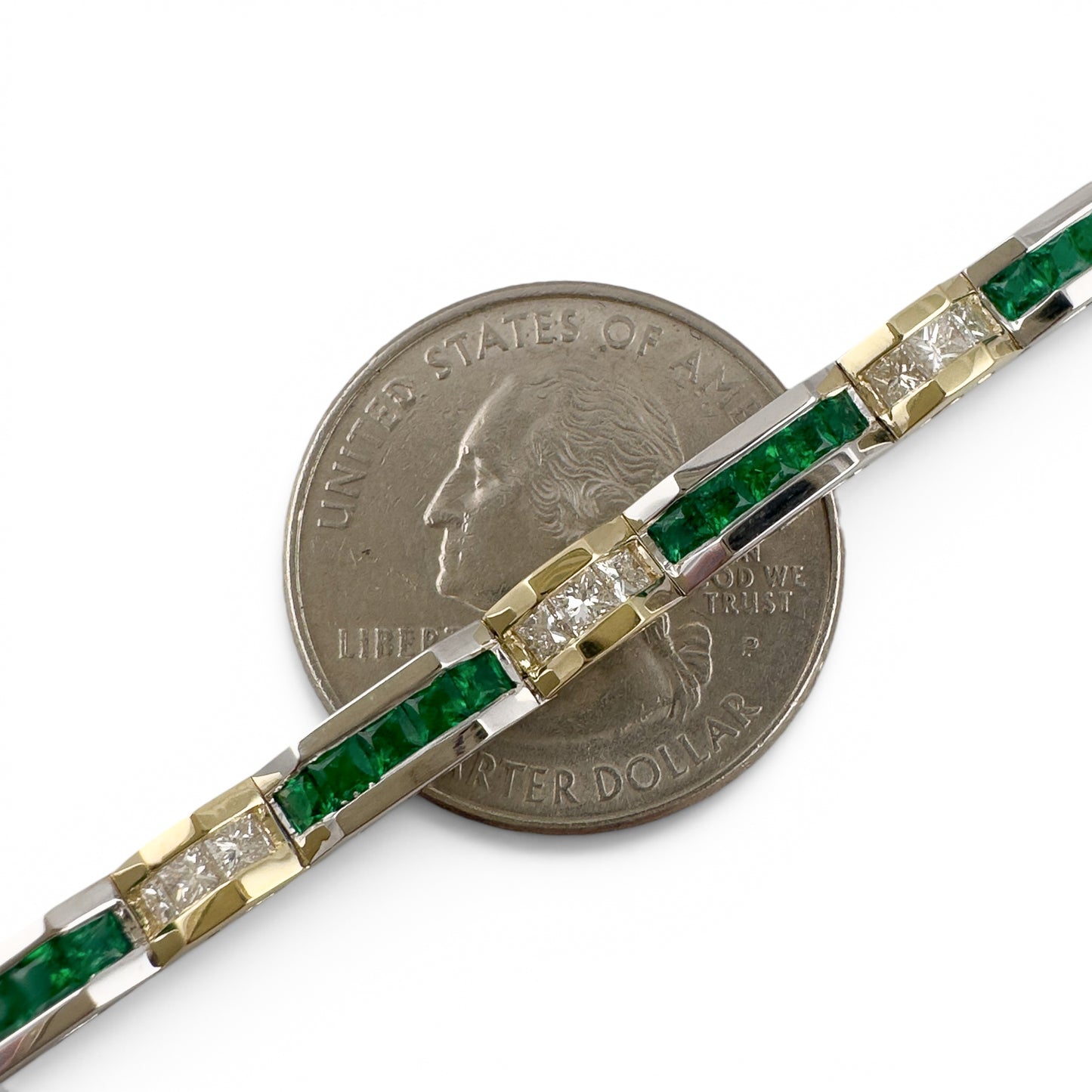 Two Tone 14k Gold Diamond Green Stone Alternating Station Bracelet 1.30ctw G SI
