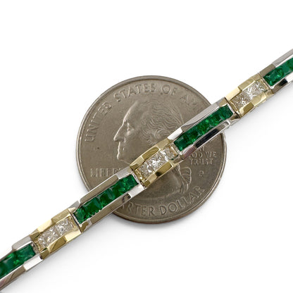 Two Tone 14k Gold Diamond Green Stone Alternating Station Bracelet 1.30ctw G SI