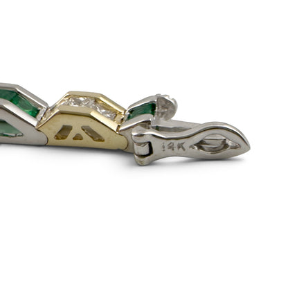Two Tone 14k Gold Diamond Green Stone Alternating Station Bracelet 1.30ctw G SI