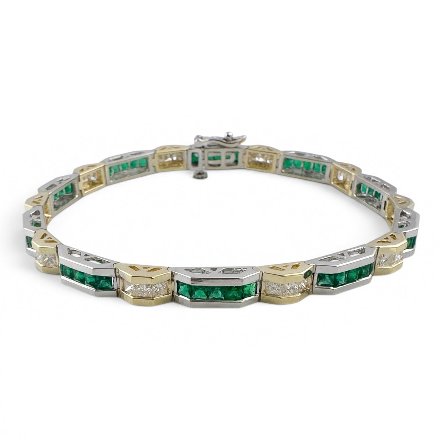 Two Tone 14k Gold Diamond Green Stone Alternating Station Bracelet 1.30ctw G SI