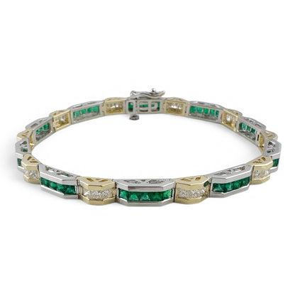 Two Tone 14k Gold Diamond Green Stone Alternating Station Bracelet 1.30ctw G SI
