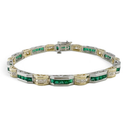 Two Tone 14k Gold Diamond Green Stone Alternating Station Bracelet 1.30ctw G SI