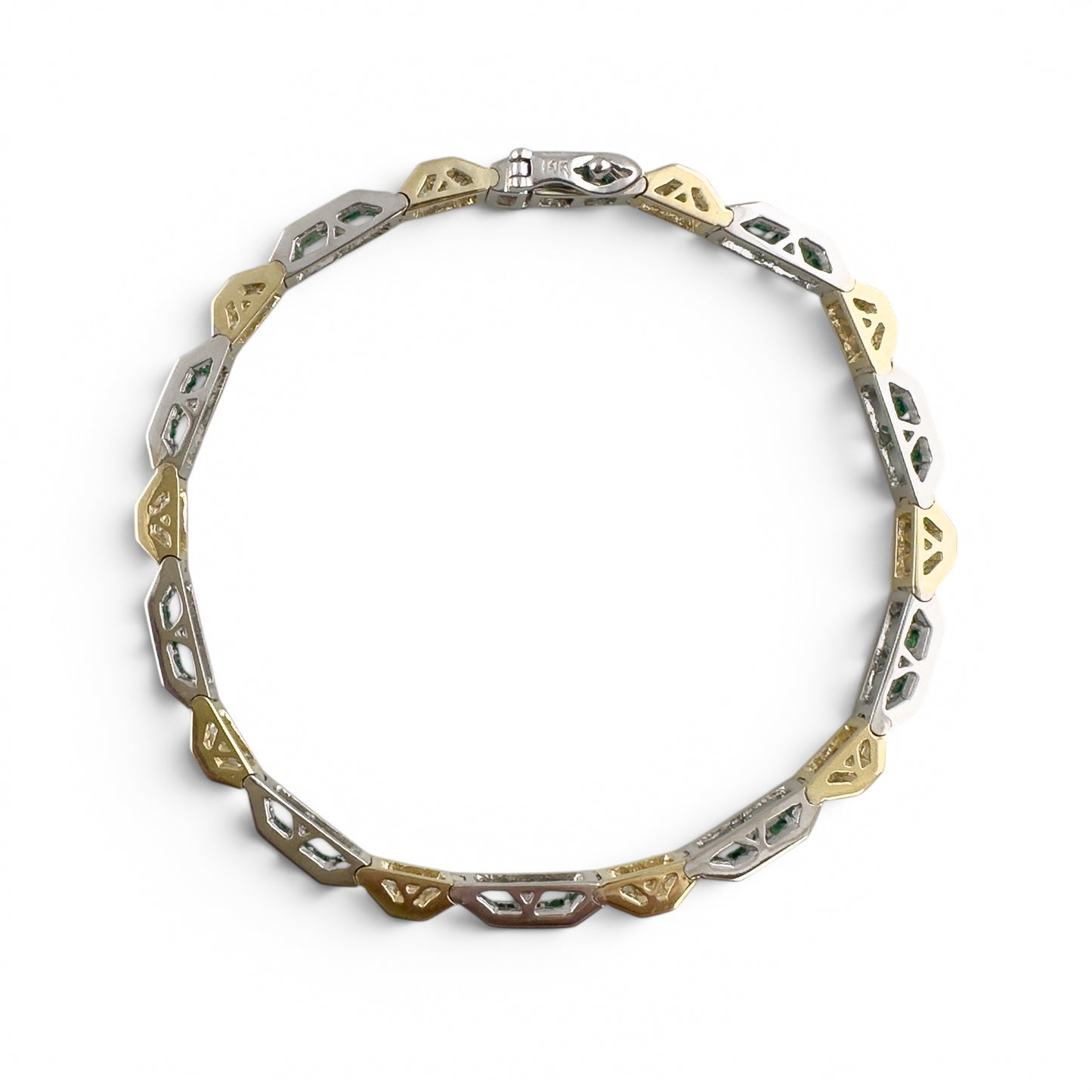 Two Tone 14k Gold Diamond Green Stone Alternating Station Bracelet 1.30ctw G SI