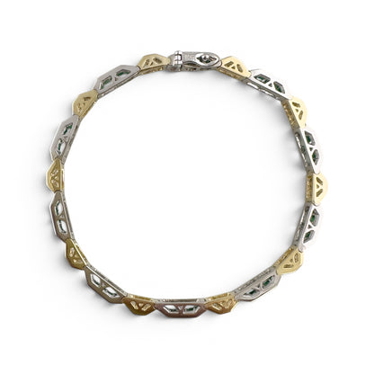 Two Tone 14k Gold Diamond Green Stone Alternating Station Bracelet 1.30ctw G SI