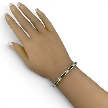 Two Tone 14k Gold Diamond Green Stone Alternating Station Bracelet 1.30ctw G SI