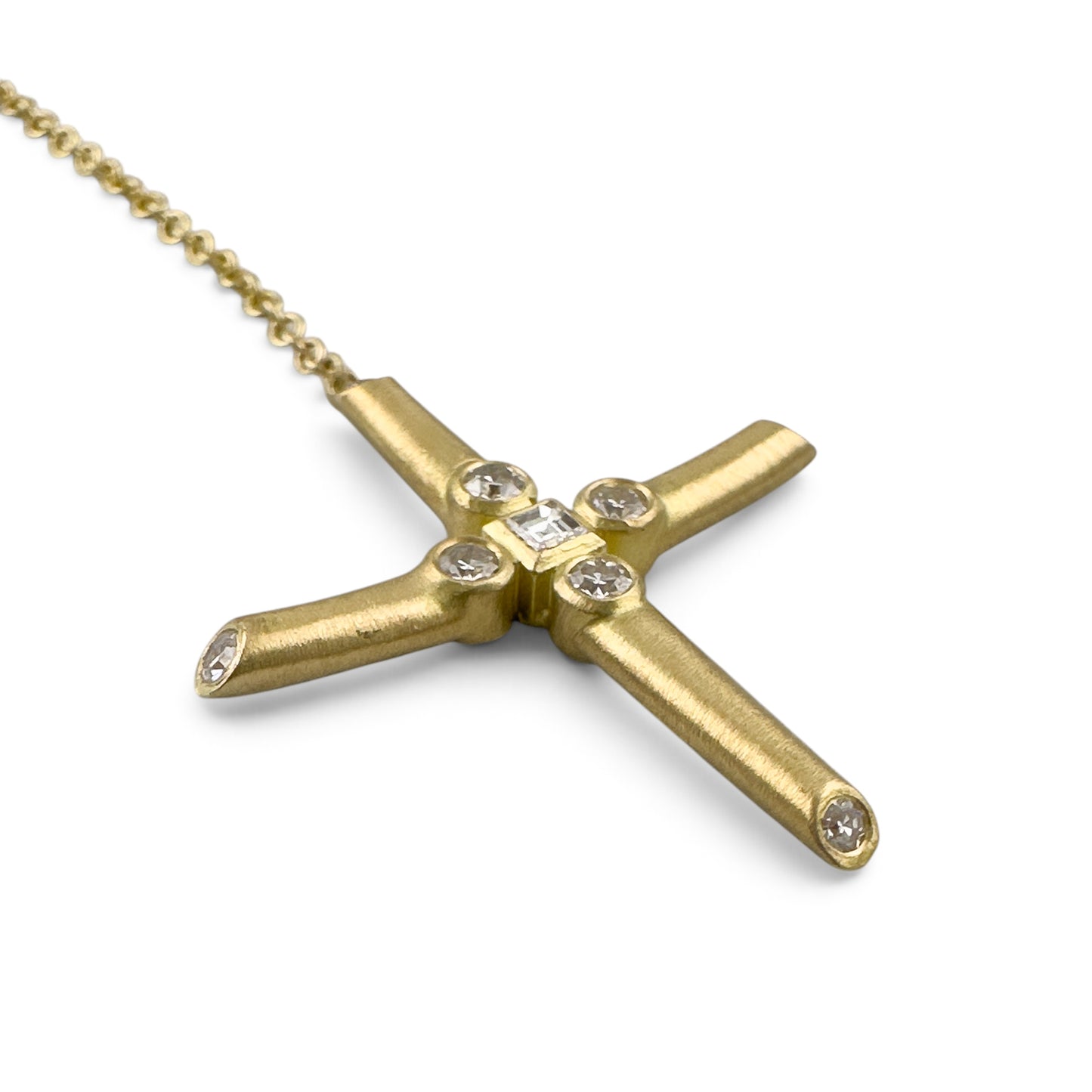 18k Yellow Gold Diamond Brushed Cross Lariat Y Drop Necklace 5.1g 0.16ctw 22"