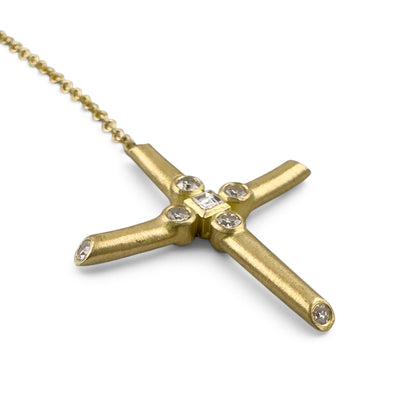 18k Yellow Gold Diamond Brushed Cross Lariat Y Drop Necklace 5.1g 0.16ctw 22"