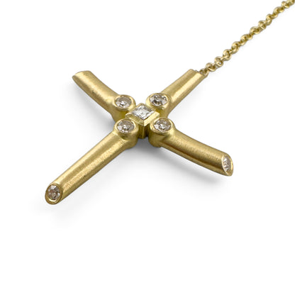 18k Yellow Gold Diamond Brushed Cross Lariat Y Drop Necklace 5.1g 0.16ctw 22"