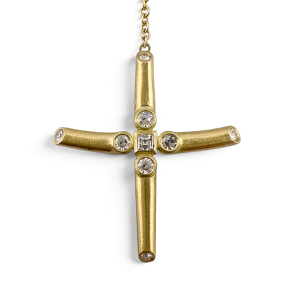 18k Yellow Gold Diamond Brushed Cross Lariat Y Drop Necklace 5.1g 0.16ctw 22"