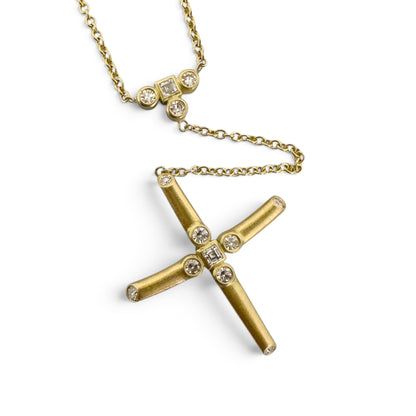 18k Yellow Gold Diamond Brushed Cross Lariat Y Drop Necklace 5.1g 0.16ctw 22"