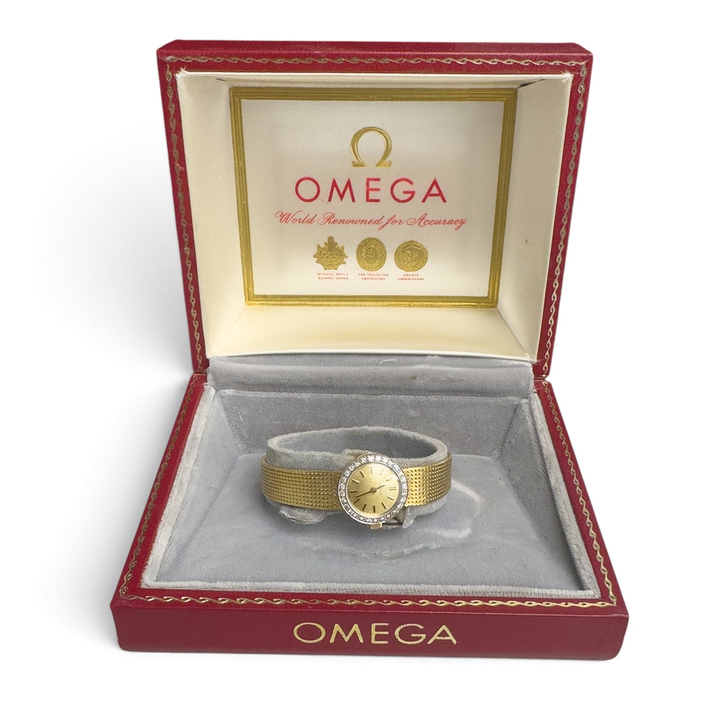 Omega 18k Yellow Gold Diamond Bezel 17.5mm Ladies Cocktail Dress Watch w/ BOX