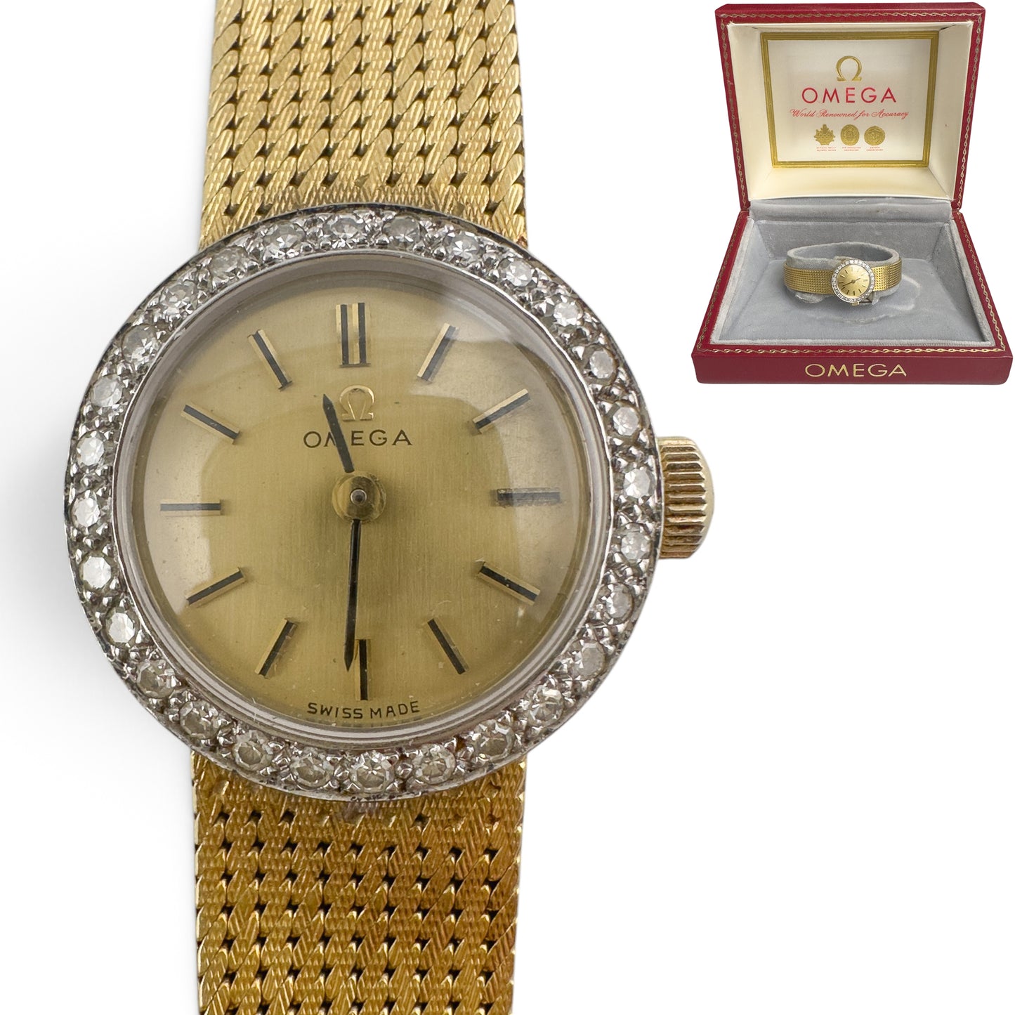 Omega 18k Yellow Gold Diamond Bezel 17.5mm Ladies Cocktail Dress Watch w/ BOX
