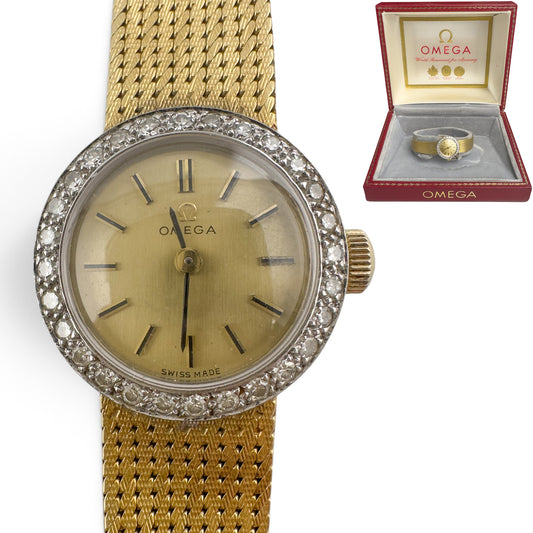 Omega 18k Yellow Gold Diamond Bezel 17.5mm Ladies Cocktail Dress Watch w/ BOX