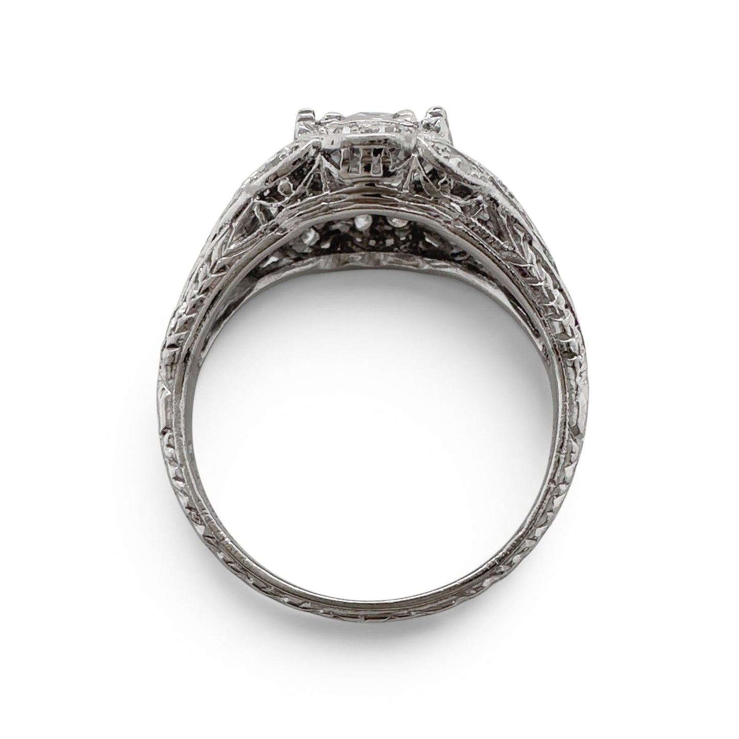 Antique Platinum Old European Diamond Ornate Milgrain Floral Leaf Ring w Accents