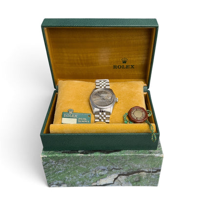 Rolex DateJust 16030 36mm Stainless Steel Taupe Engine Turned 1982 BOX + TAG