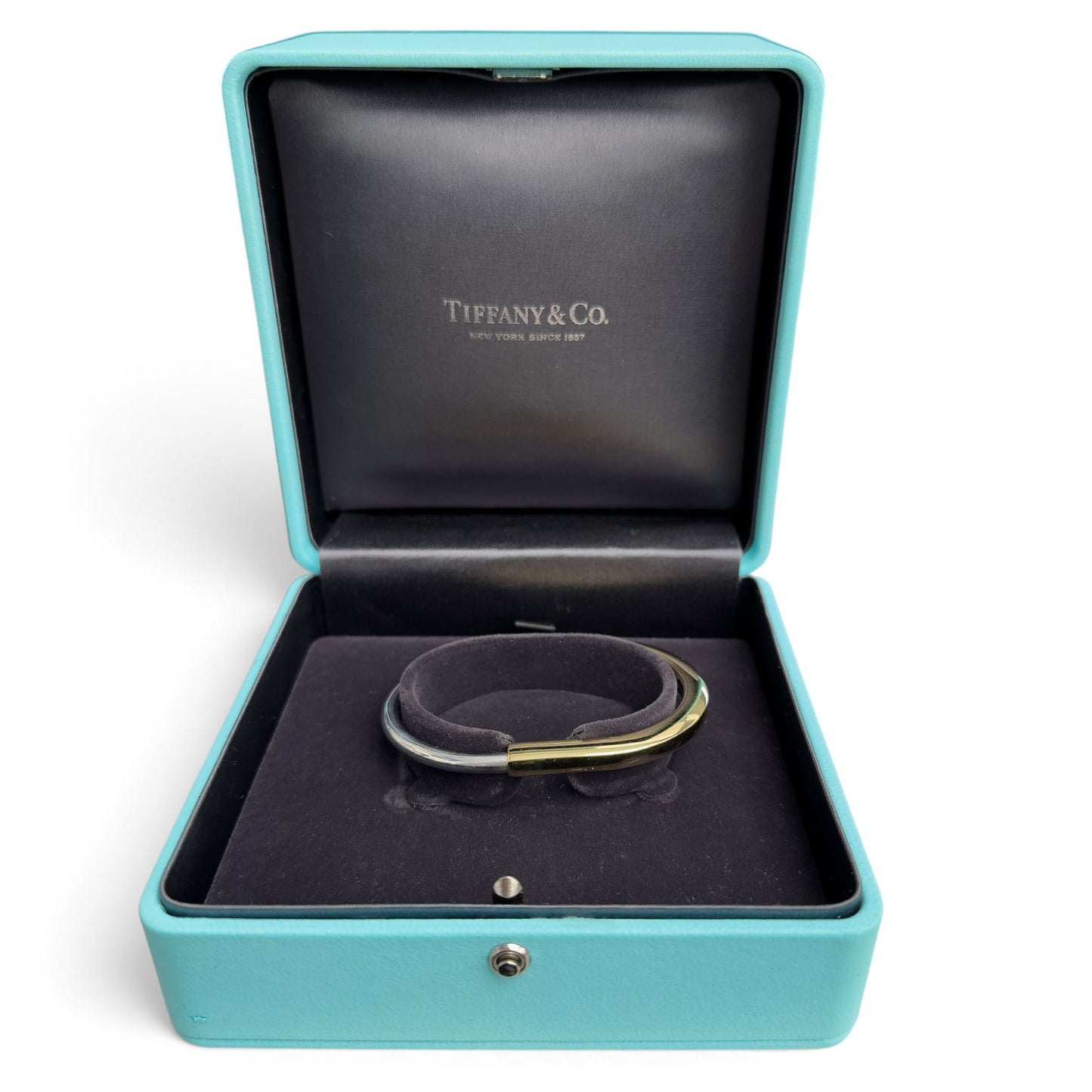 Tiffany & Co. Lock Bangle Two Tone Bracelet 18k White & Yellow Gold ITALY + BOX
