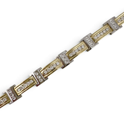 Mens 14k Yellow & White Gold Diamond Bar Link Station Bracelet 3.15ctw G-H SI 8"