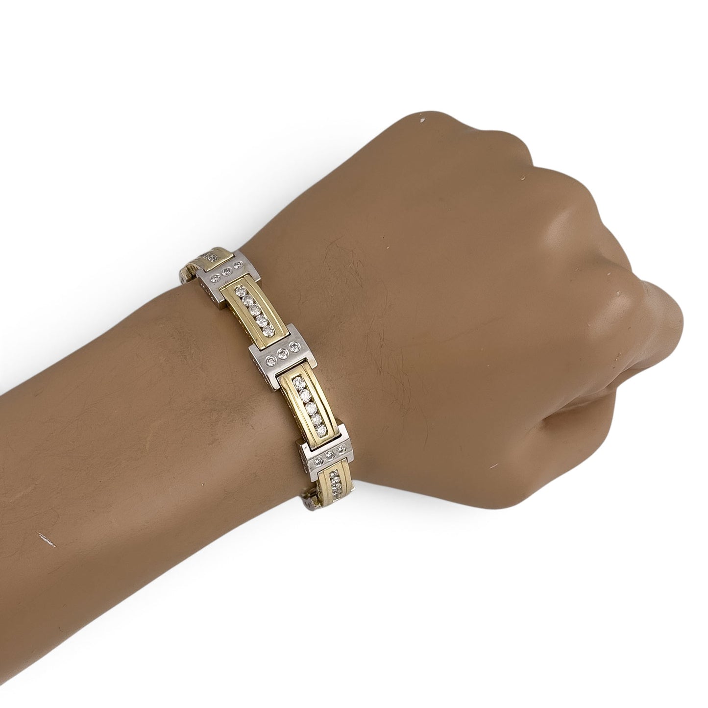 Mens 14k Yellow & White Gold Diamond Bar Link Station Bracelet 3.15ctw G-H SI 8"