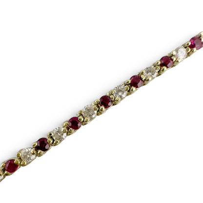 14k Yellow Gold 1.75ctw Diamond & 1.35ctw Red Color Stone Tennis Bracelet 7"