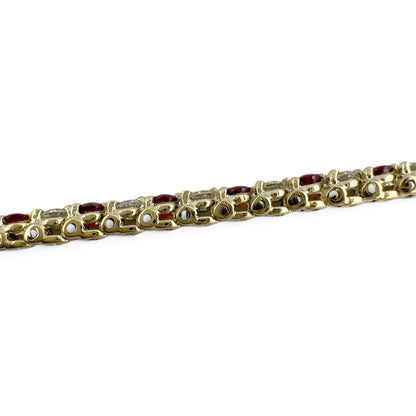 14k Yellow Gold 1.75ctw Diamond & 1.35ctw Red Color Stone Tennis Bracelet 7"