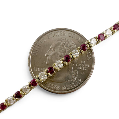 14k Yellow Gold 1.75ctw Diamond & 1.35ctw Red Color Stone Tennis Bracelet 7"