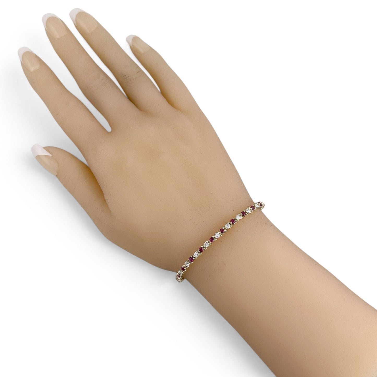 14k Yellow Gold 1.75ctw Diamond & 1.35ctw Red Color Stone Tennis Bracelet 7"