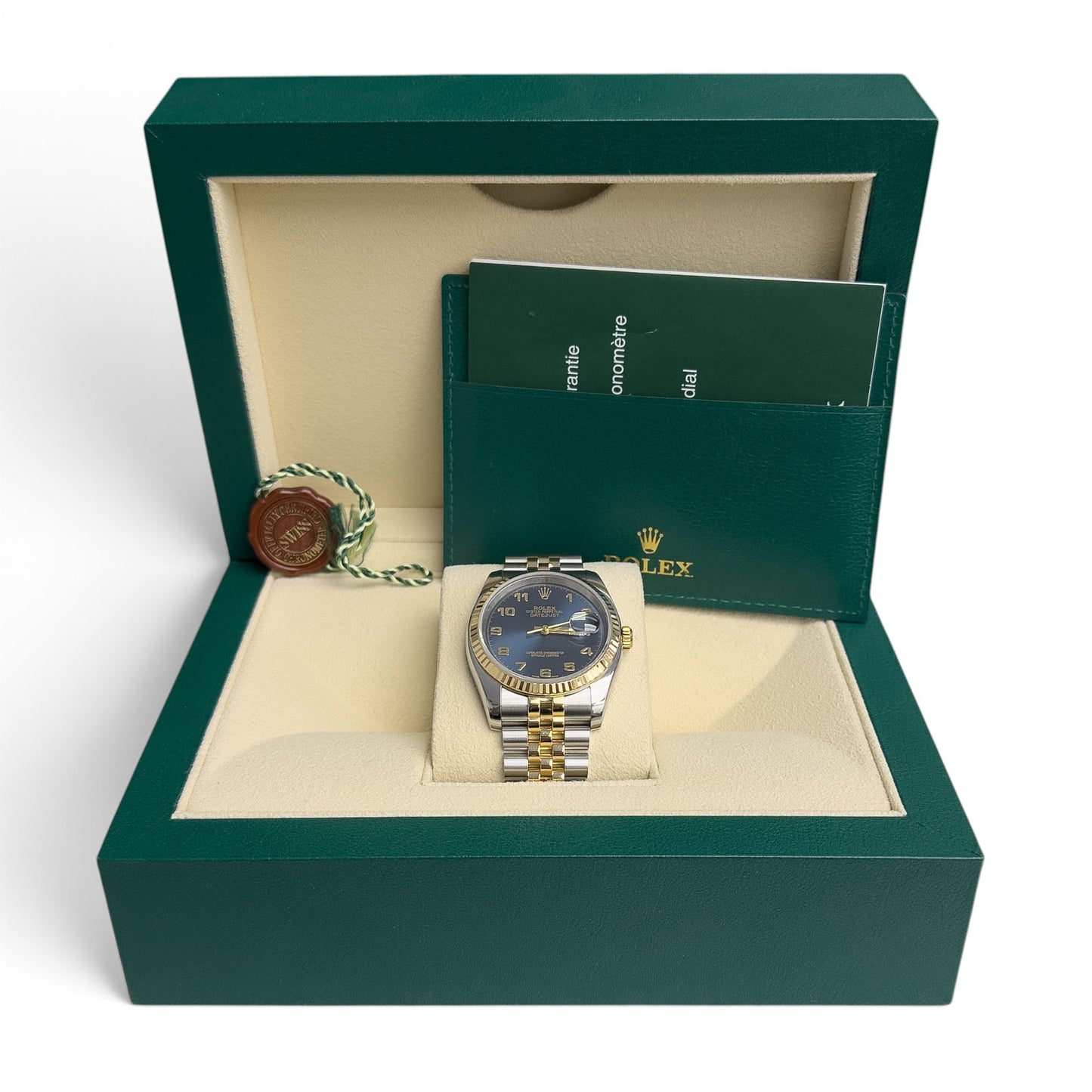 Rolex DateJust 116203 36mm Blue 18k Gold & Stainless Steel Watch 2004 BOX + TAG