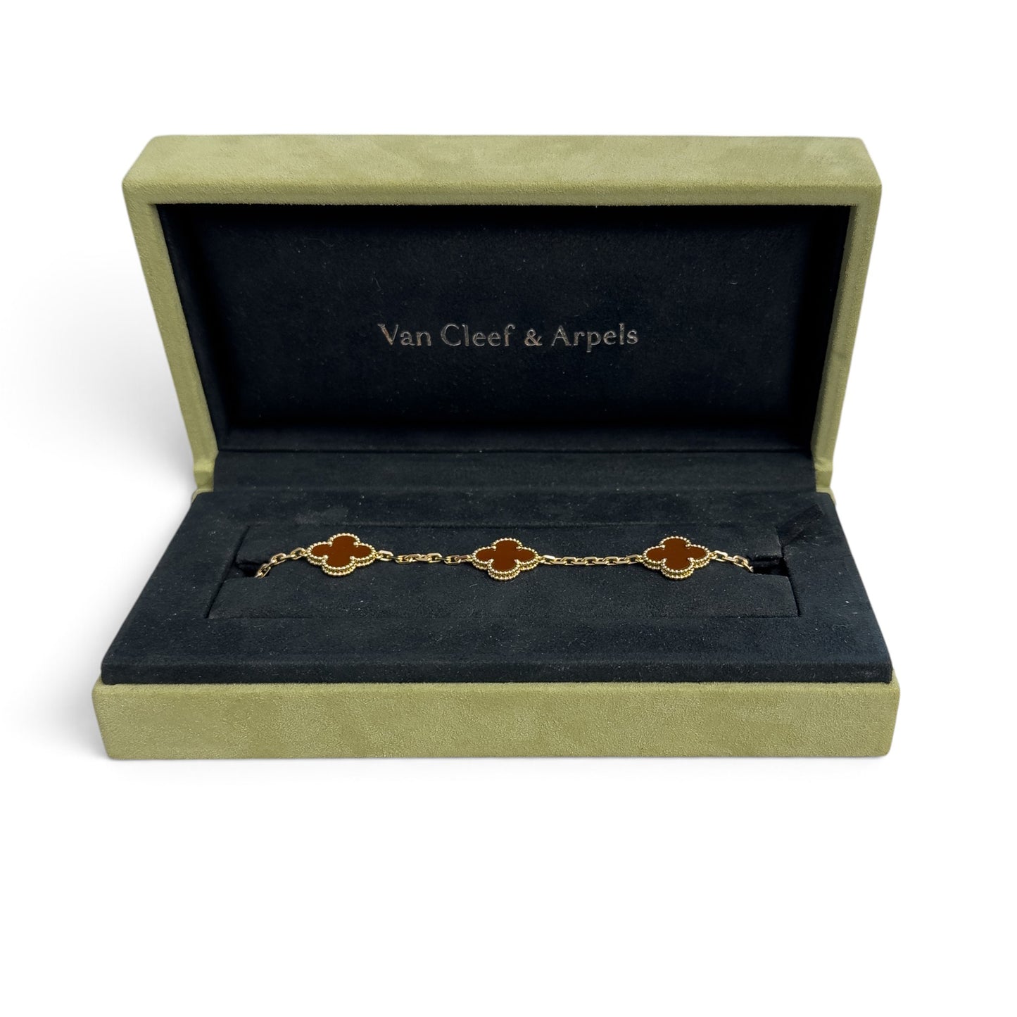 Van Cleef Arpels Carnelian 5 Motif Vintage Alhambra 18k Gold Bracelet + BOX RCPT