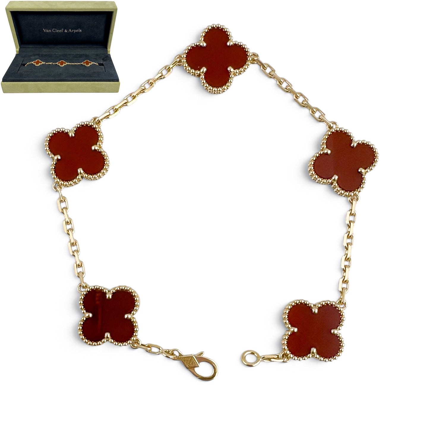 Van Cleef Arpels Carnelian 5 Motif Vintage Alhambra 18k Gold Bracelet + BOX RCPT